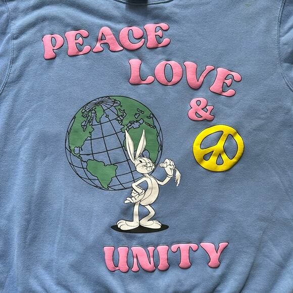Looney Tunes Bugs Bunny Peace Love Unity Puff Paint Blue Sweatshirt XL - Picture 1 of 9